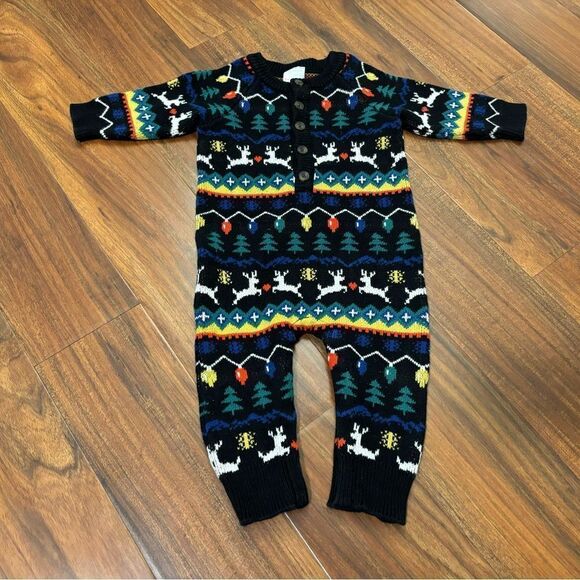 Hanna Andersson winter reindeer trees lights holiday sweater jumpsuit - Picture 1 of 5